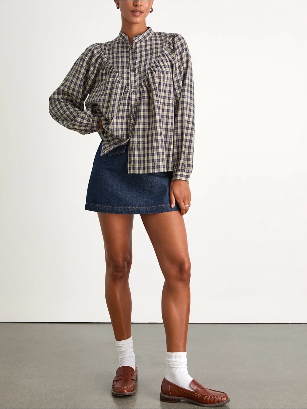 NWT The Korner Hartlen Plaid Cotton Button Front Long Sleeve Top